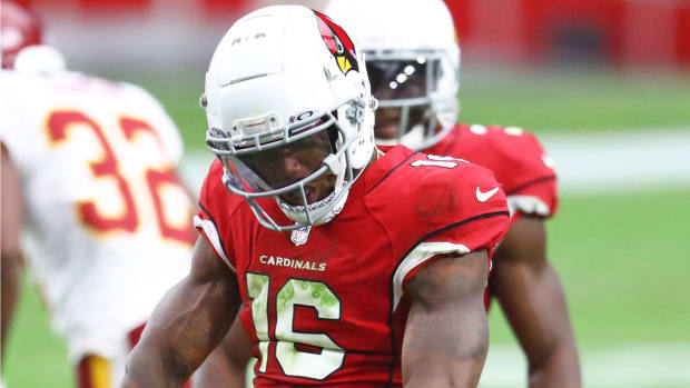 Arizona Cardinals wide receiver Trent Sherfield (16) celebrates a play against the Washington Football Team at State Farm Stadium.